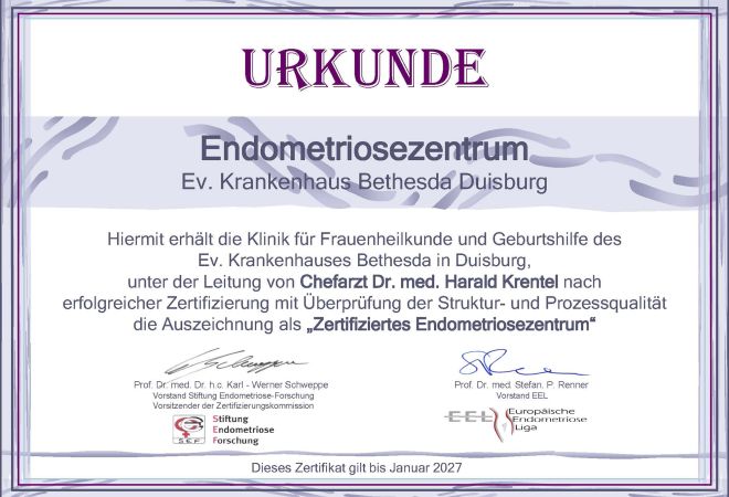 Offizielles Zertifikat für das Endometriosezentrum am Evangelischen Krankenhaus BETHESDA Duisburg